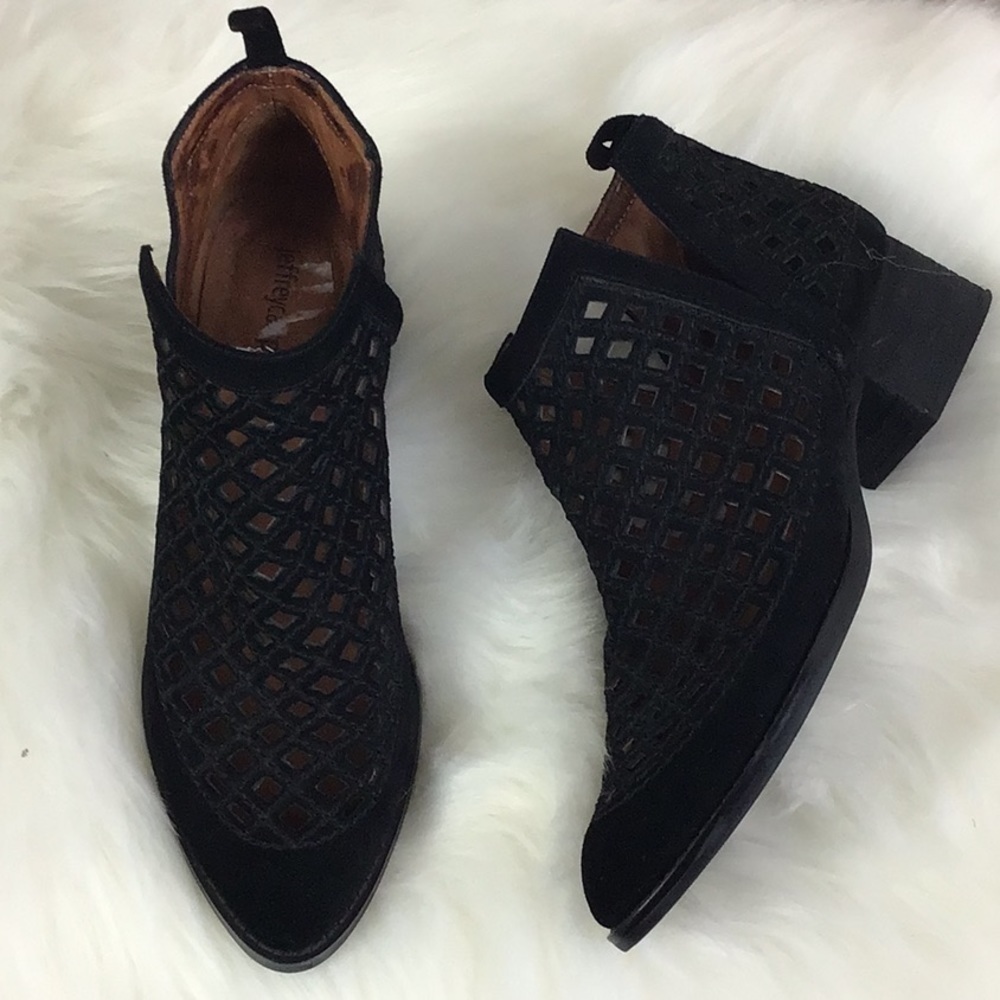 JEFFREY Campbell Size 7 Taggart Booties Black Suede Lasercut Uppers Slip On - Picture 3 of 11